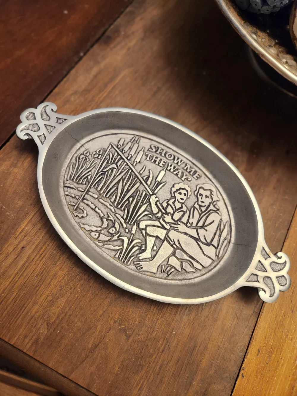 Silver-Tone Oval Decorative Serving Tray with Fishing Scene